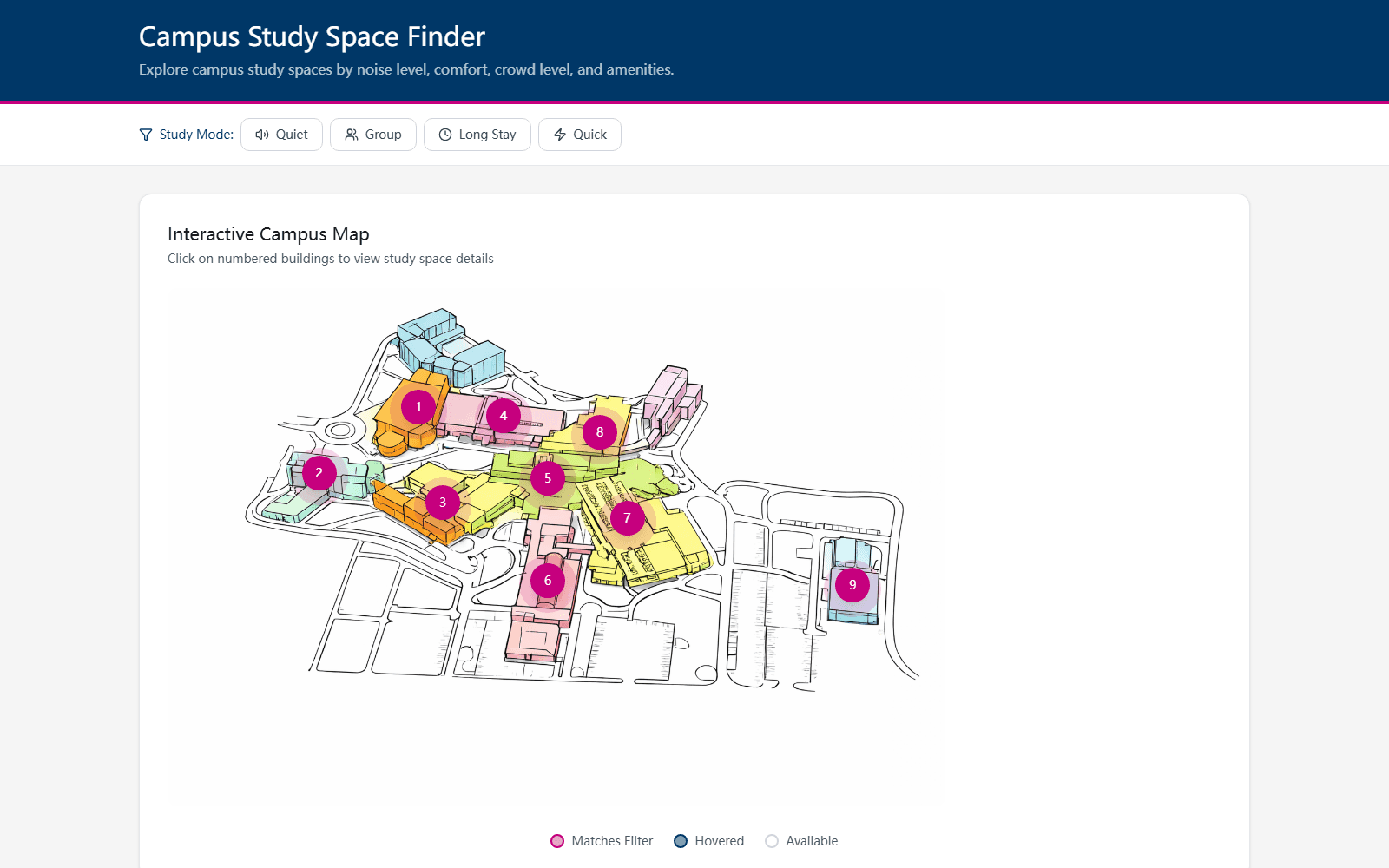 Campus Study Space Finder map-first dashboard interface