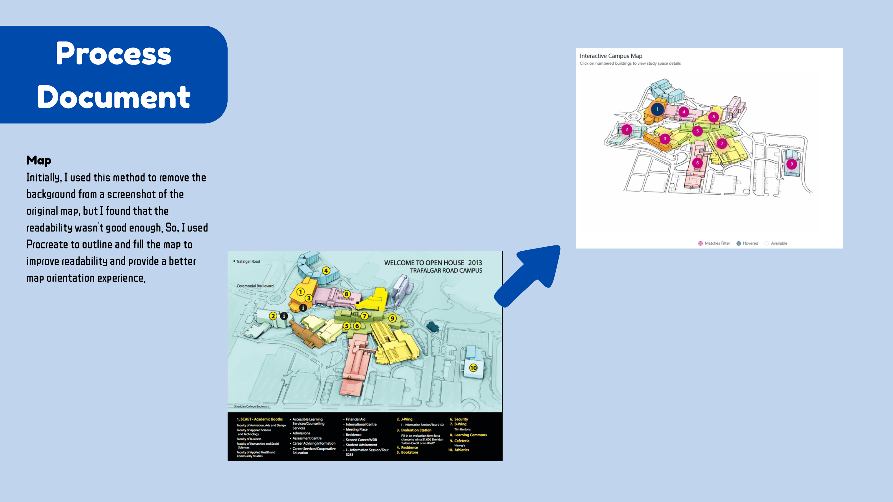 Process slide showing map refinement from original campus map to simplified interface map