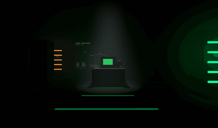 Dark immersive game scene with terminal interface