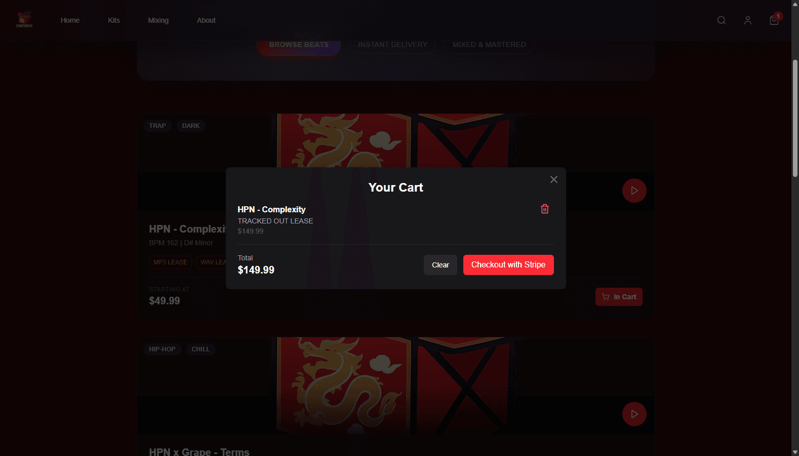 Lunchbox cart modal showing a selected tracked out lease, total price, clear action, and checkout with Stripe button