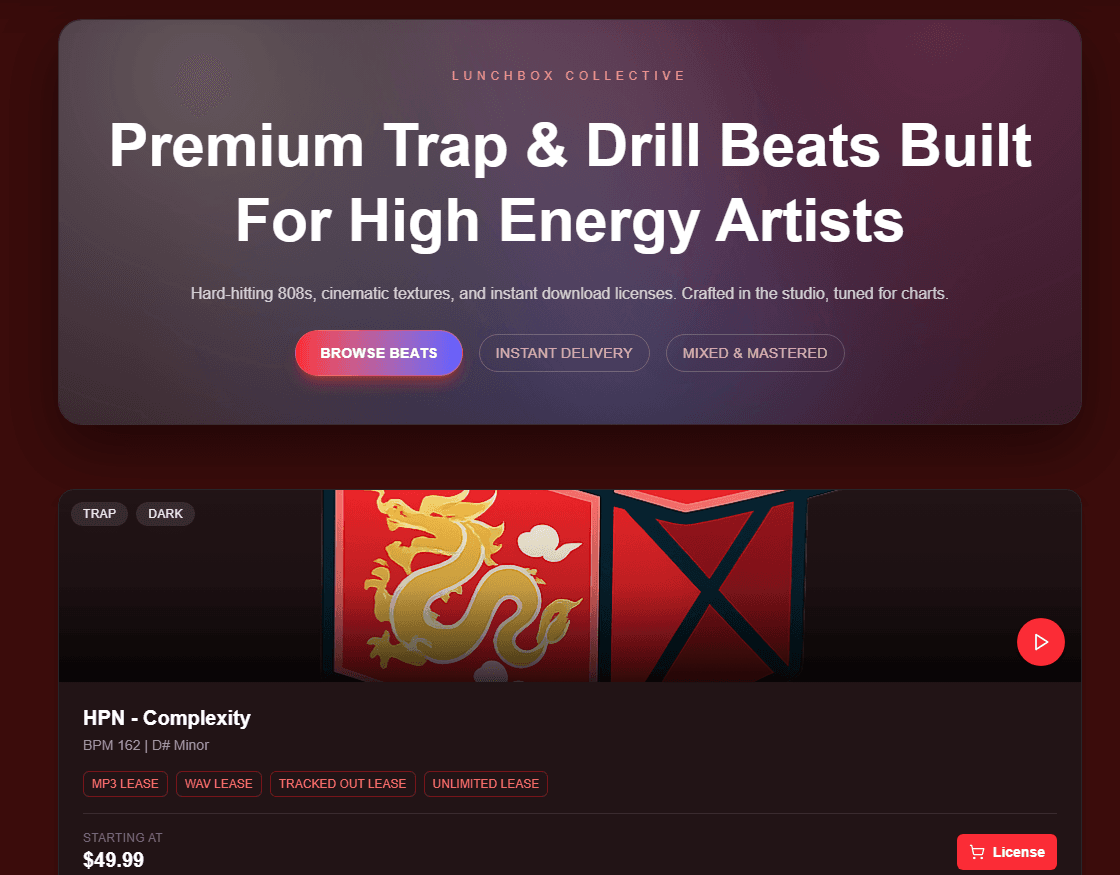 Lunchbox Beat Store hero and beat card interface