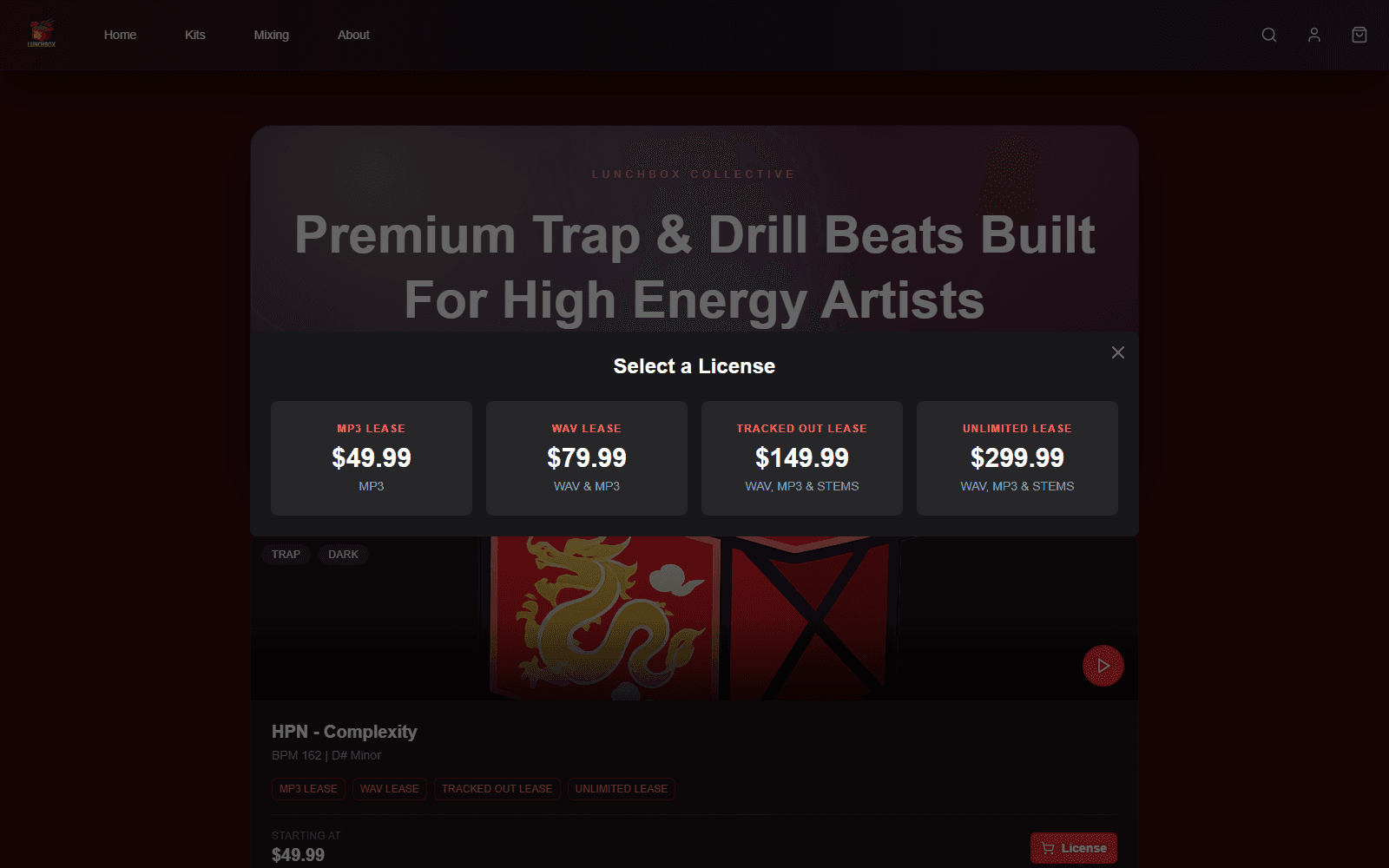 Lunchbox license modal showing MP3, WAV, tracked out, and unlimited lease pricing