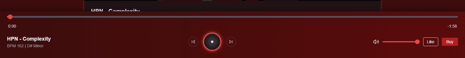 Lunchbox audio player showing playback progress, beat title, time, volume, like, and buy controls