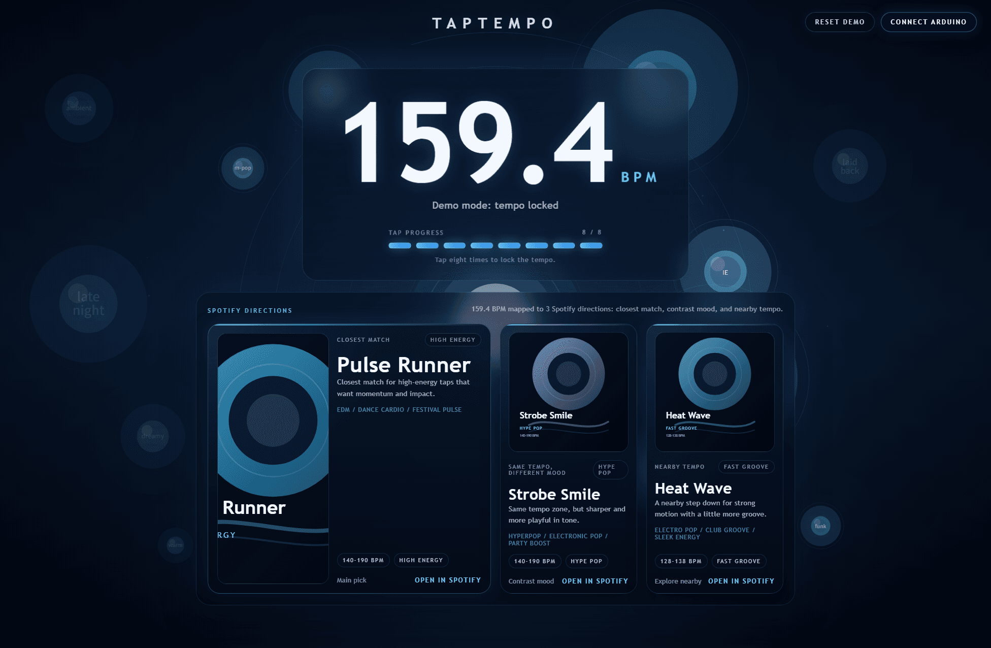 TapTempo web demo showing a locked BPM and Spotify recommendation directions