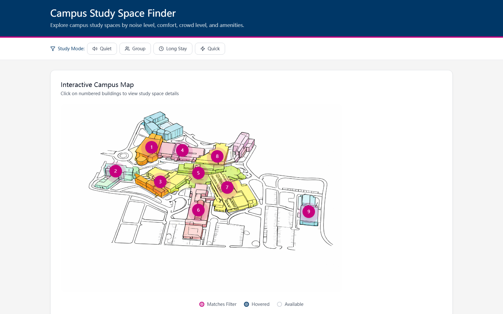 Campus Study Space Finder map-first dashboard interface