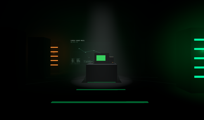 Dark immersive game scene with terminal interface