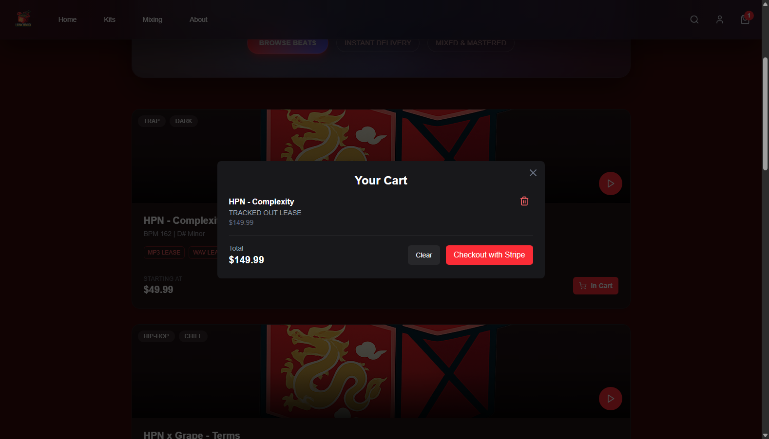 Lunchbox cart modal showing a selected tracked out lease, total price, clear action, and checkout with Stripe button