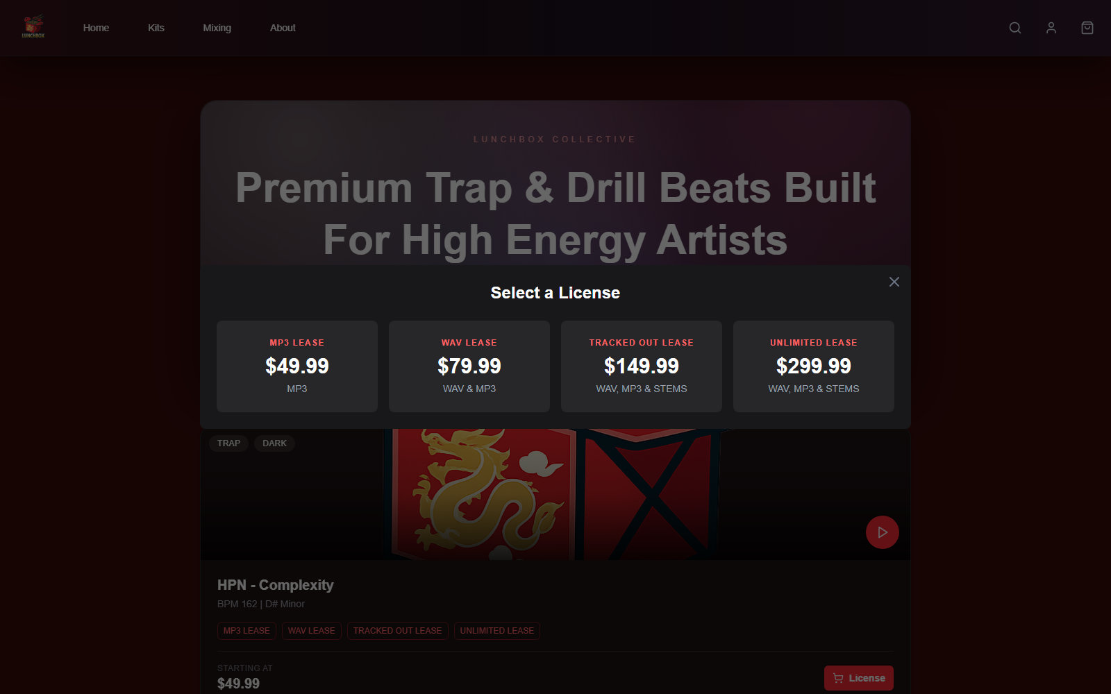 Lunchbox license modal showing MP3, WAV, tracked out, and unlimited lease pricing