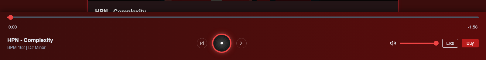 Lunchbox audio player showing playback progress, beat title, time, volume, like, and buy controls