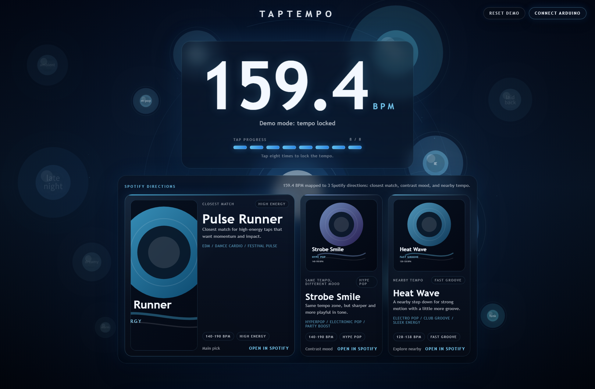 TapTempo web demo showing a locked BPM and Spotify recommendation directions